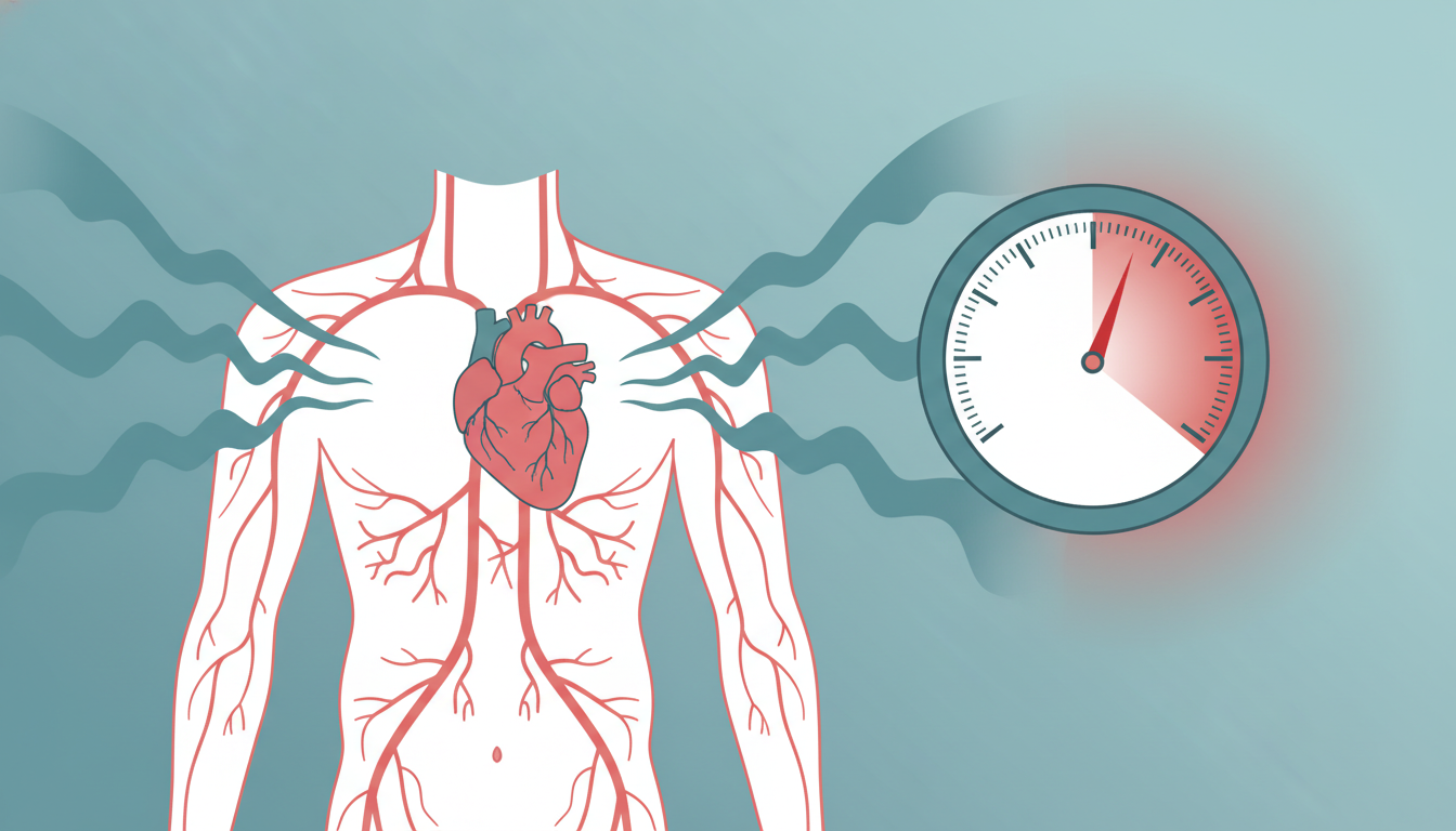 Illustration of the connection between anxiety and blood pressure showing heart and rising gauge