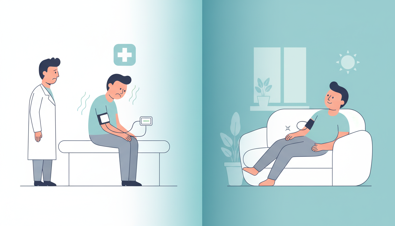 Illustration comparing white coat hypertension at the doctor versus relaxed readings at home