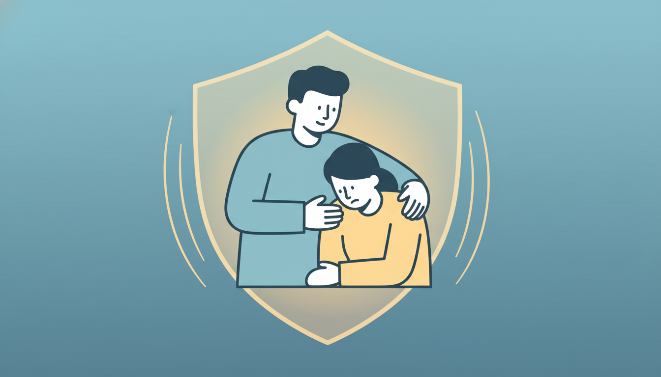 Illustration of a partner supportively embracing someone with anxiety within a protective shield