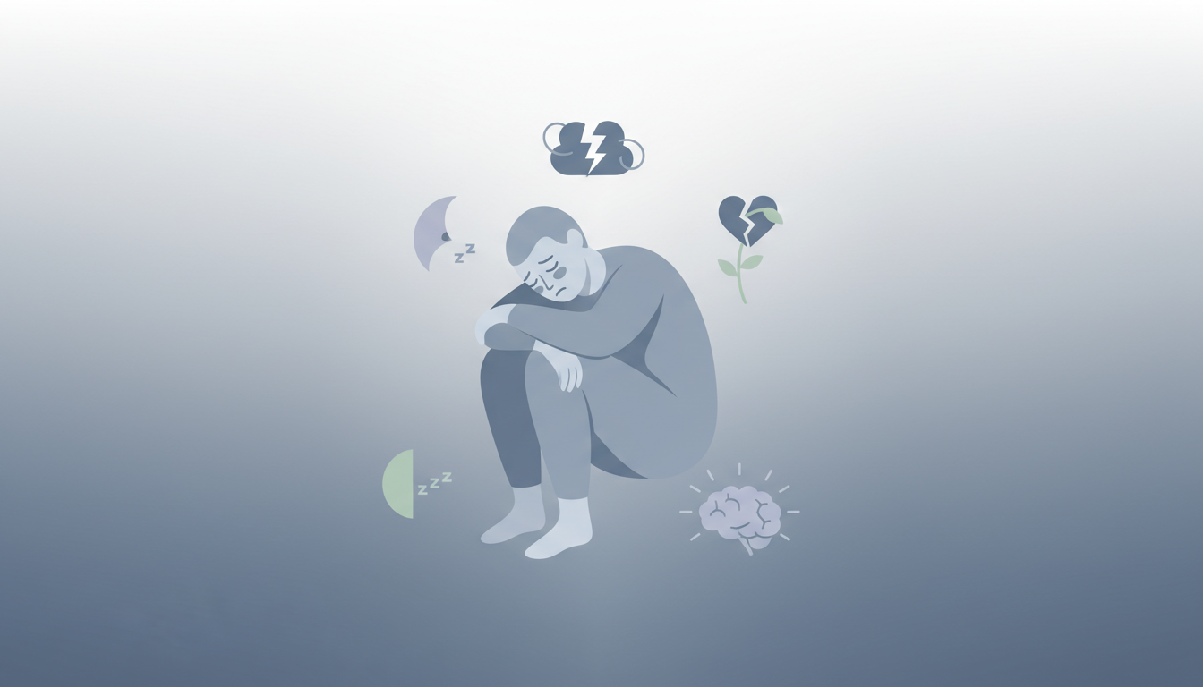 Illustration of the long-term effects of sleep deprivation from anxiety showing fatigue and mood changes