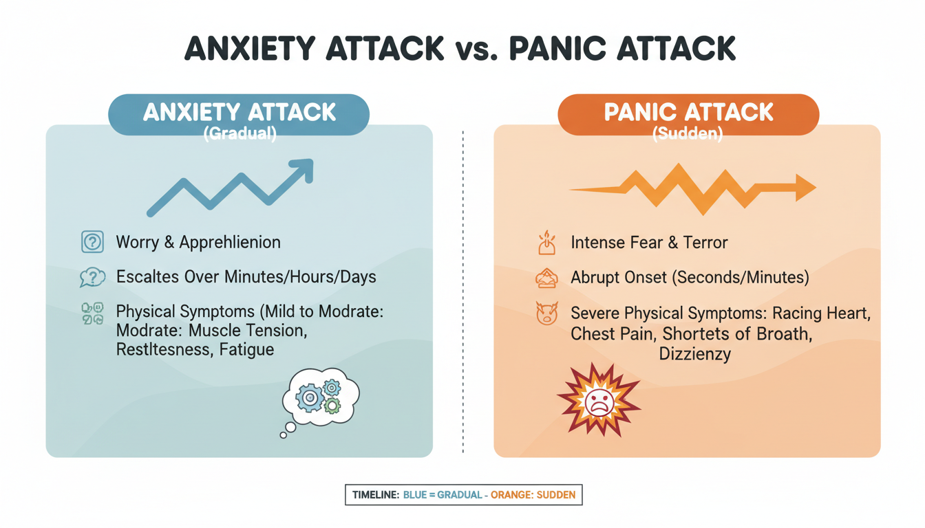 Anxiety attack vs panic attack comparison showing gradual onset versus sudden onset differences