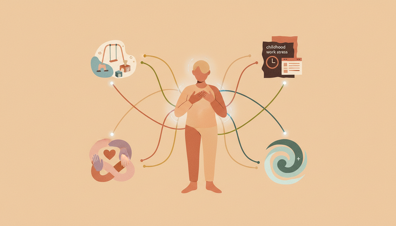 Person connected to symbolic life events representing environmental causes of anxiety