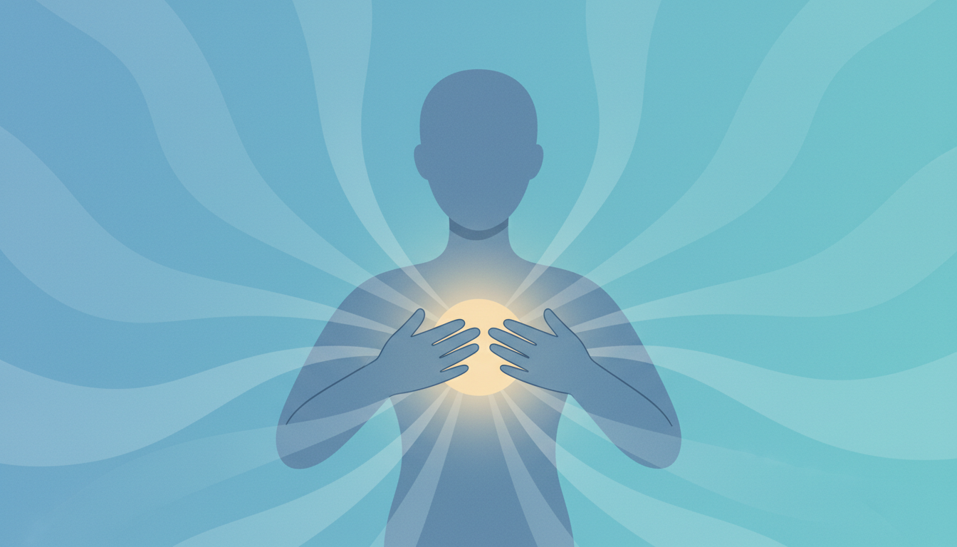 Illustration of a person experiencing chest tightness from anxiety with calming waves radiating outward