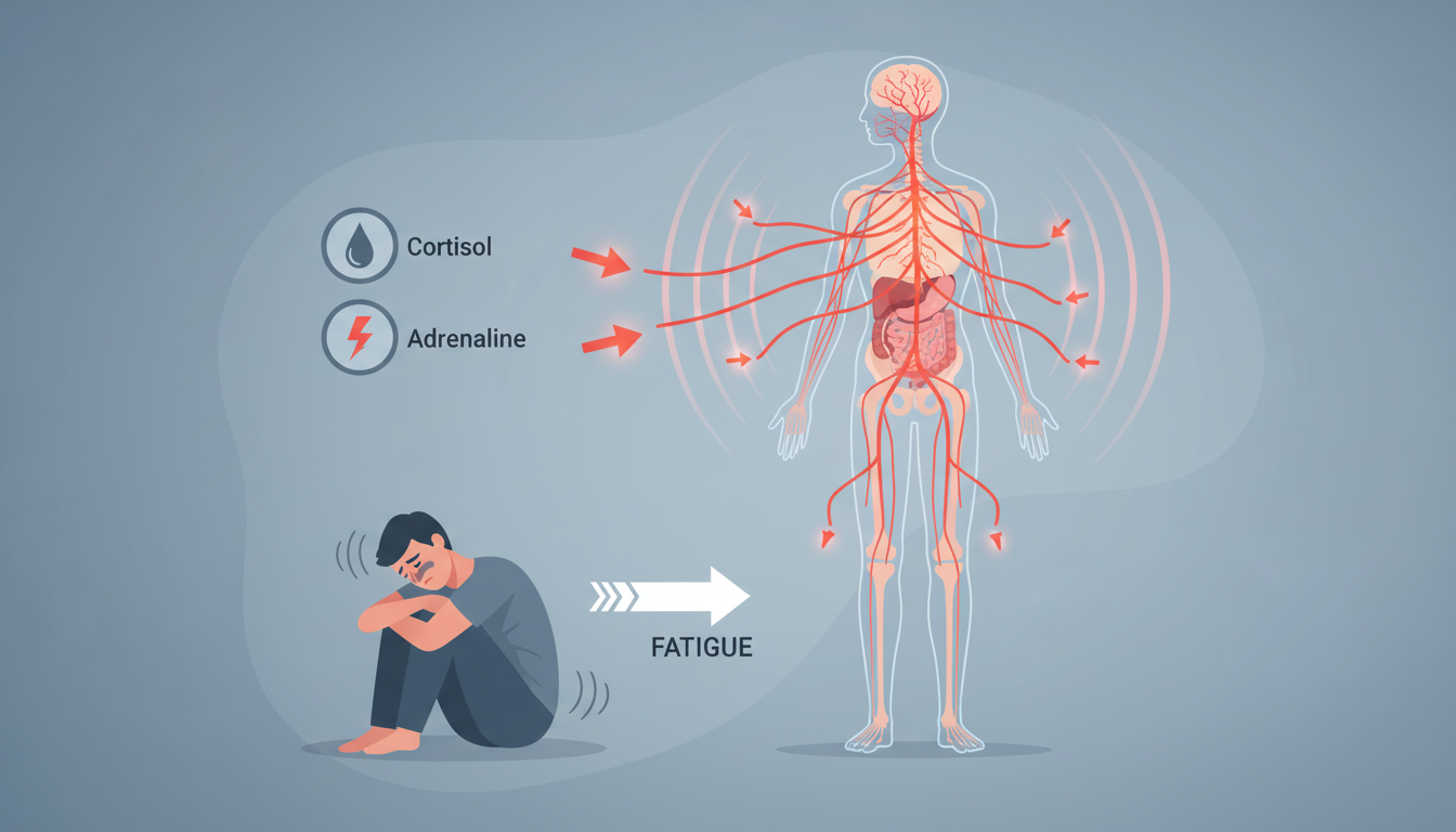 Illustration of how the fight-or-flight response with cortisol and adrenaline leads to anxiety fatigue