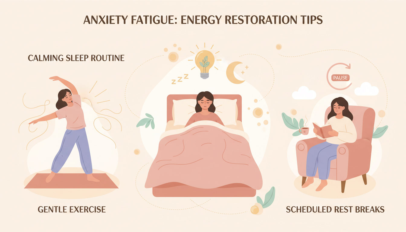 Three-panel infographic showing anxiety fatigue management tips including gentle exercise, sleep routine, and rest breaks