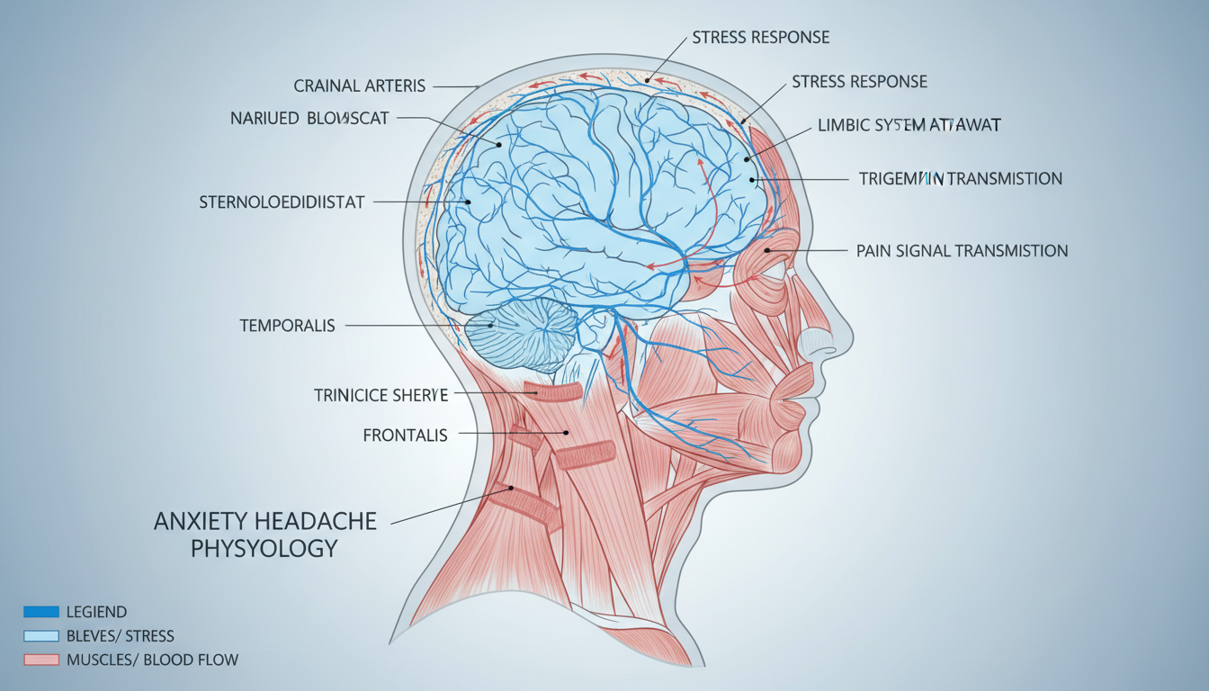 Anatomical illustration of how anxiety causes headaches through muscle tension, blood vessel constriction, and nerve signals
