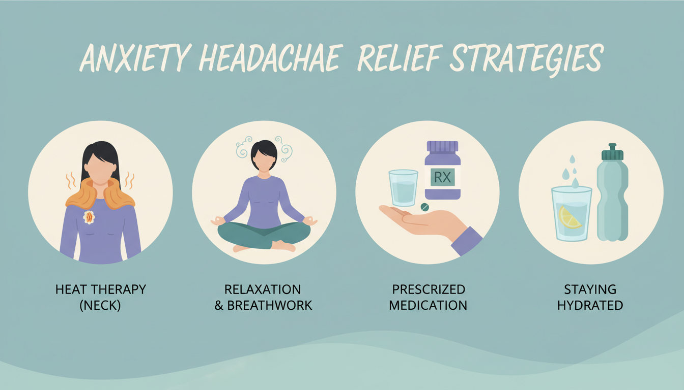 Four-panel infographic of anxiety headache relief strategies including heat therapy, relaxation, medication, and hydration