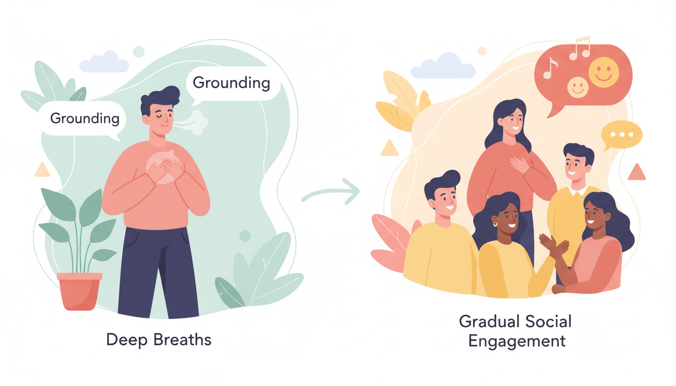 Two-panel illustration showing grounding and breathing techniques leading to gradual social engagement