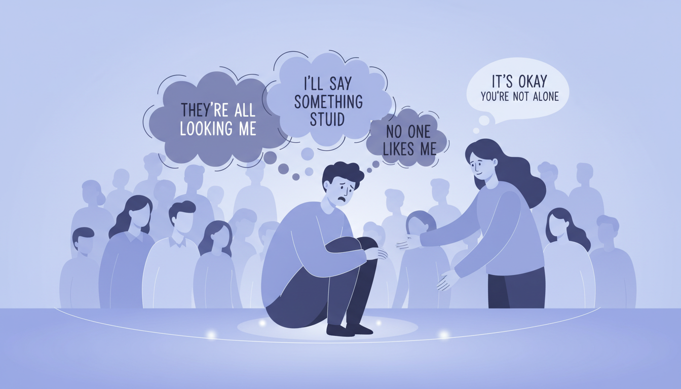 Person experiencing social anxiety in a crowd with fear of judgment thought bubbles, contrasted with a supportive person reaching out
