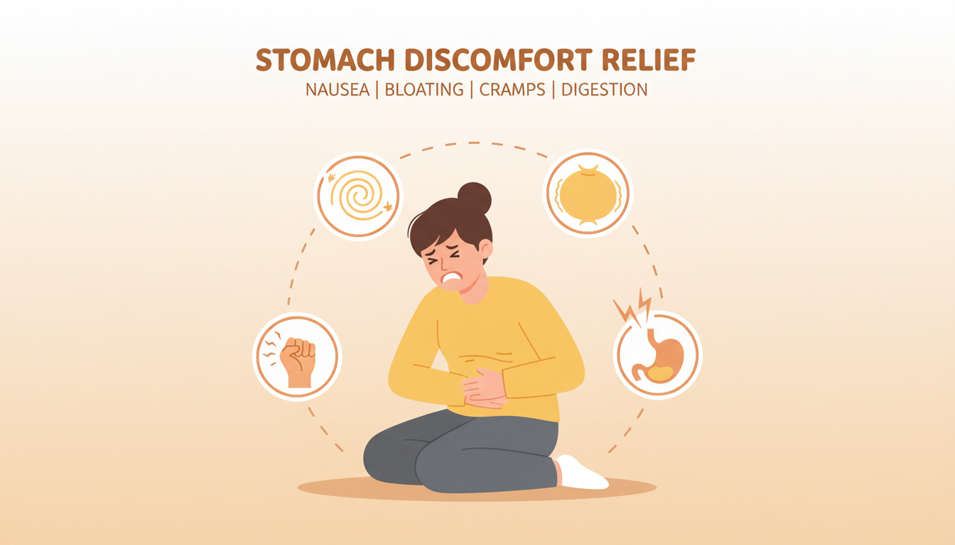 Illustration of a person experiencing stomach discomfort with icons for nausea, bloating and cramps