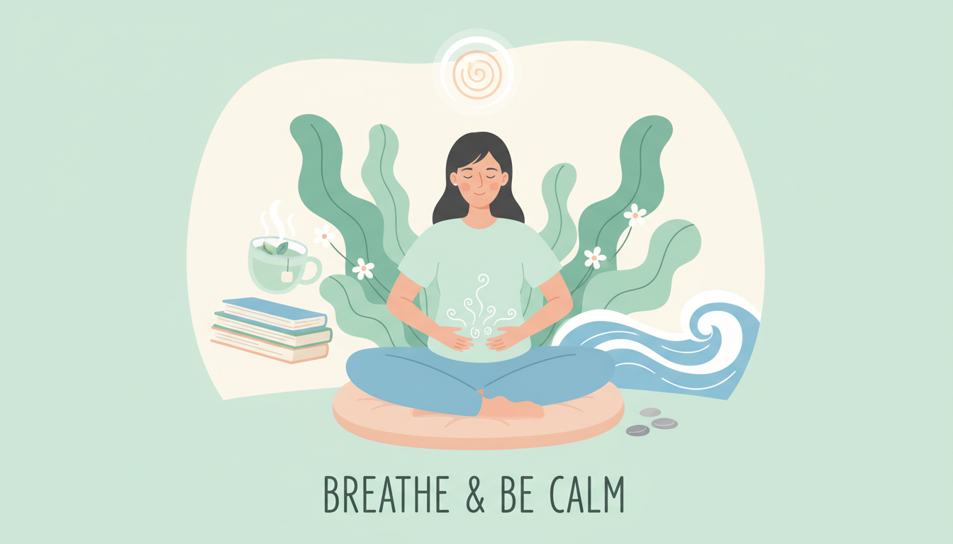 Person practicing calming breathing exercises to soothe an anxious stomach surrounded by plants and herbal tea