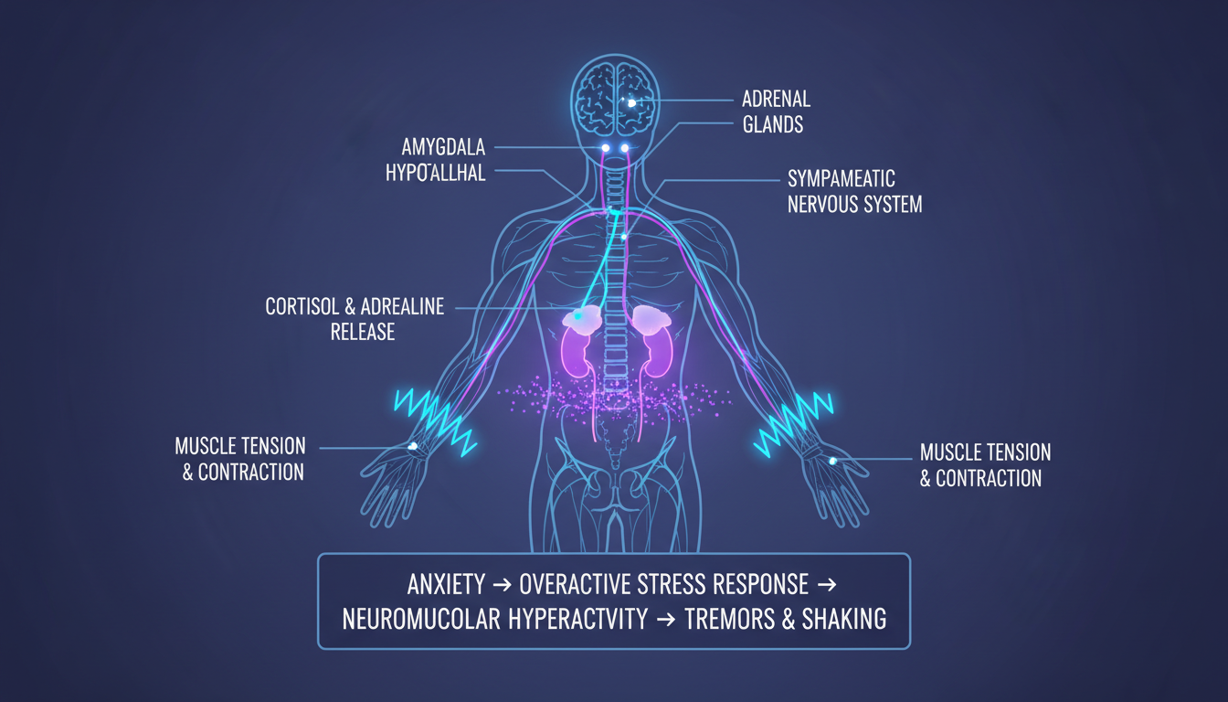 Medical illustration of why anxiety causes tremors, showing stress response and nervous system pathways