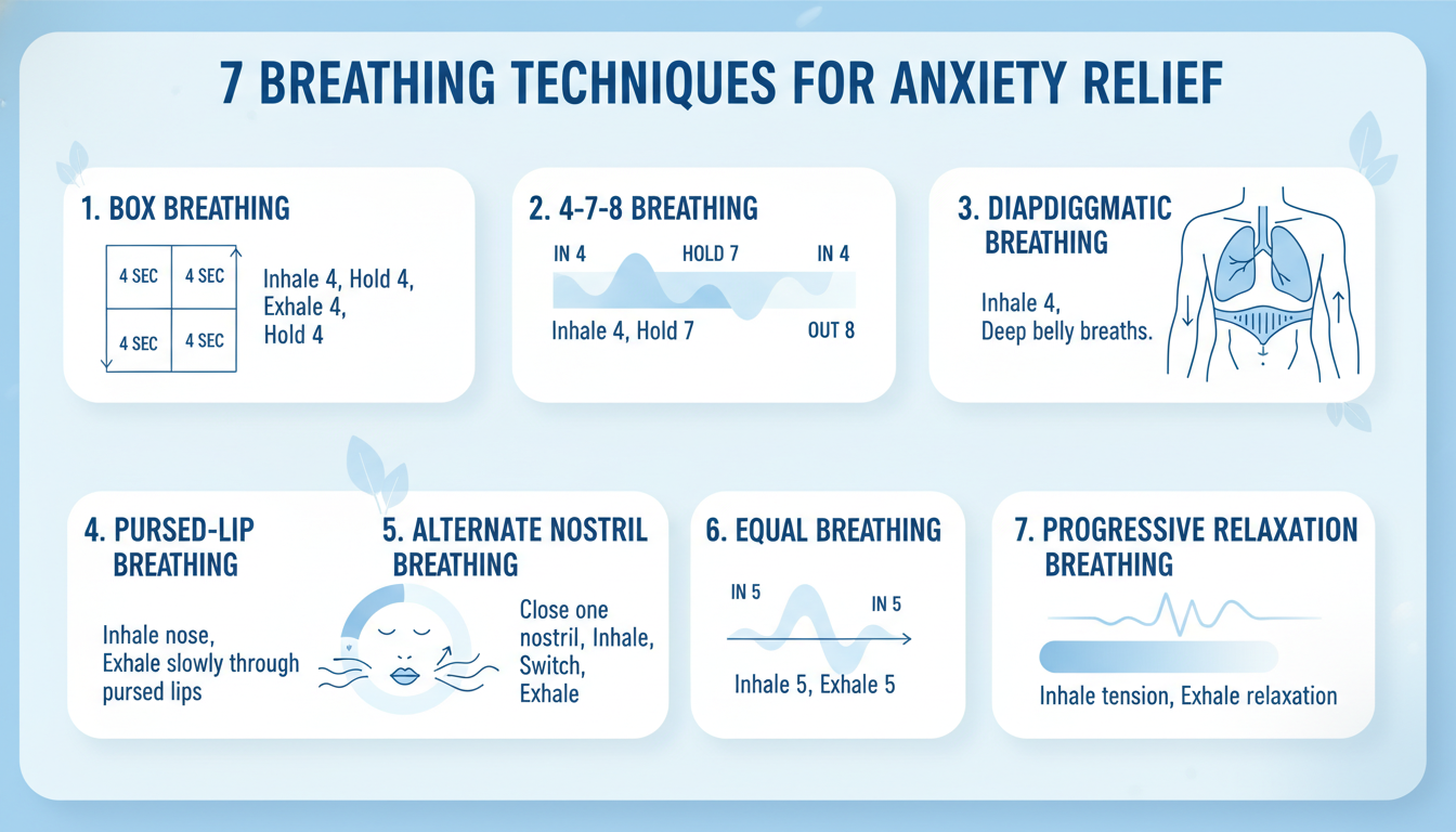 Infographic of 7 breathing techniques for anxiety relief including box breathing, 4-7-8, and diaphragmatic breathing