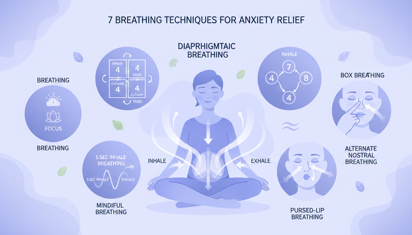 Infographic showing 7 breathing techniques for anxiety relief including diaphragmatic, box, and alternate nostril breathing