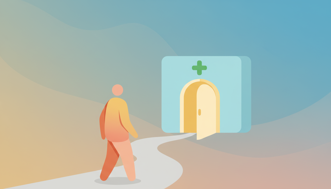 Illustration of a person walking towards a welcoming NHS clinic to access CBT therapy
