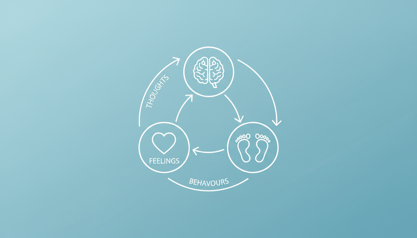 Illustration of the CBT cycle showing how thoughts feelings and behaviours interconnect