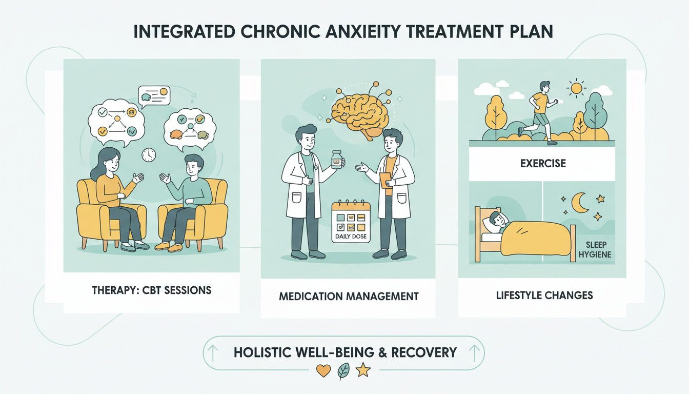 Integrated chronic anxiety treatment plan including CBT therapy, medication management and lifestyle changes