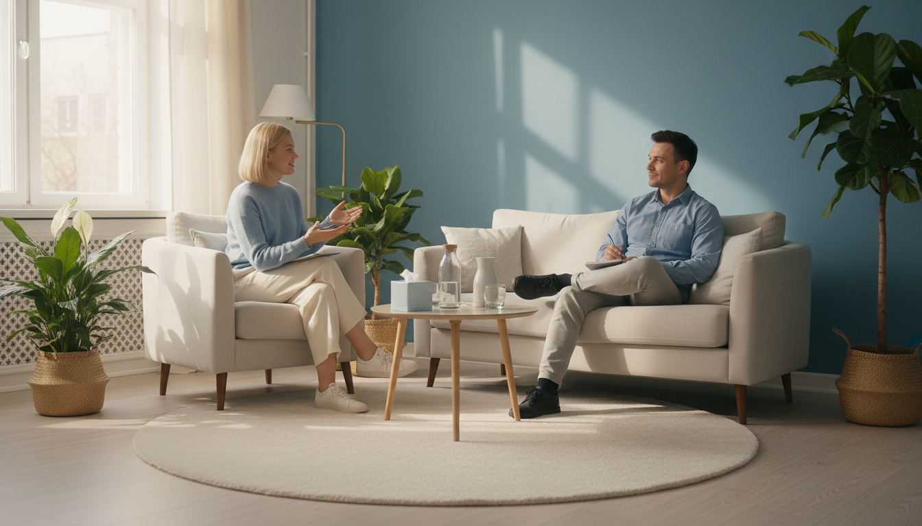 CBT therapy session for social anxiety with therapist and client in a calming clinical room