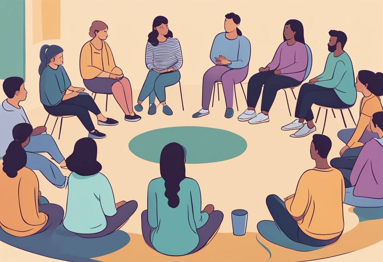 A person sitting in a circle of supportive friends, engaging in group therapy activities to address social anxiety
