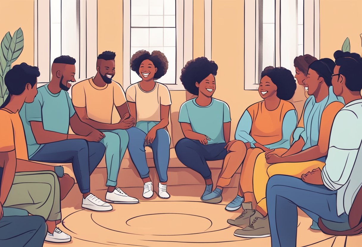 A person sitting in a circle of supportive friends, engaging in conversation and laughter, with a sense of ease and comfort