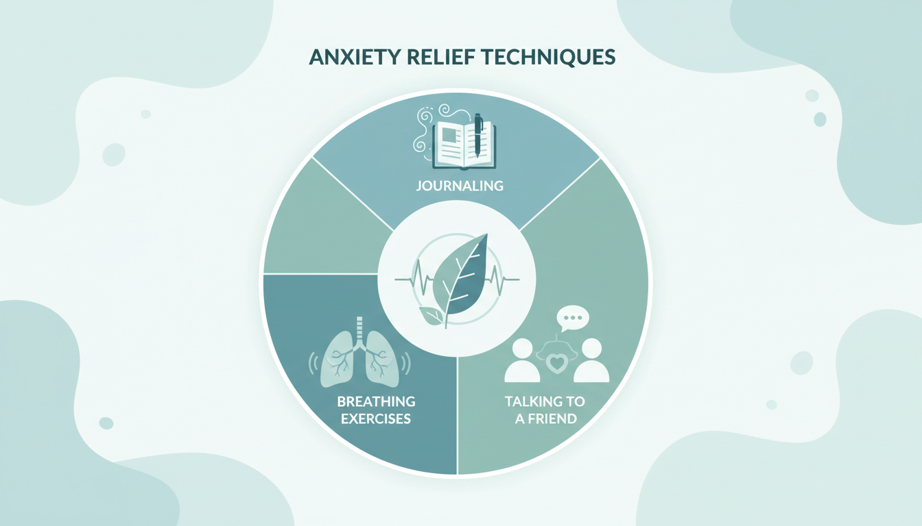 Circular infographic of practical anxiety relief techniques including journaling, breathing exercises, and talking to a friend