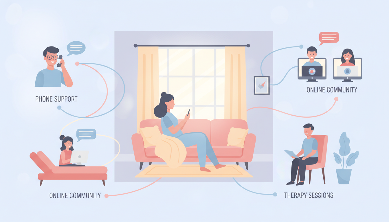 Illustration of a support network for agoraphobia showing phone support, online communities, and therapy sessions