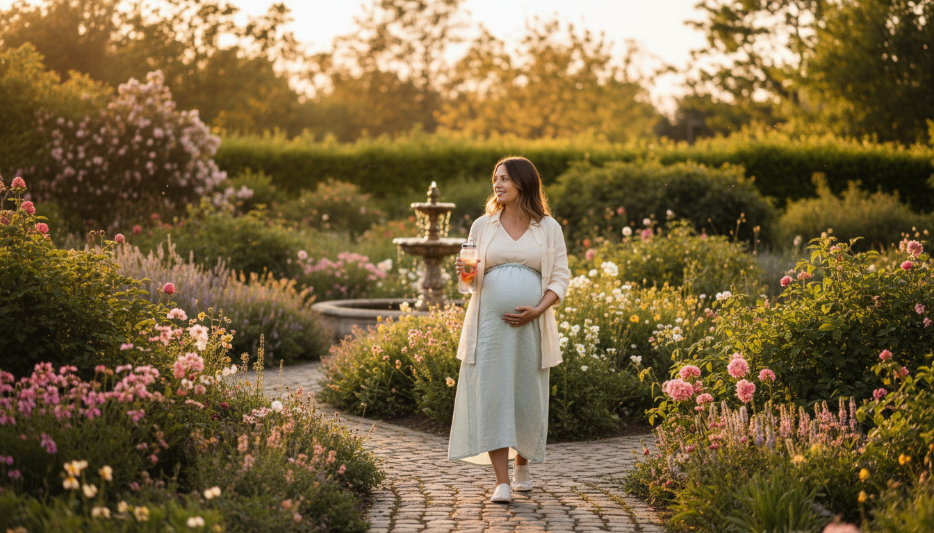 Expectant mother enjoying a gentle walk in a peaceful garden for self-care