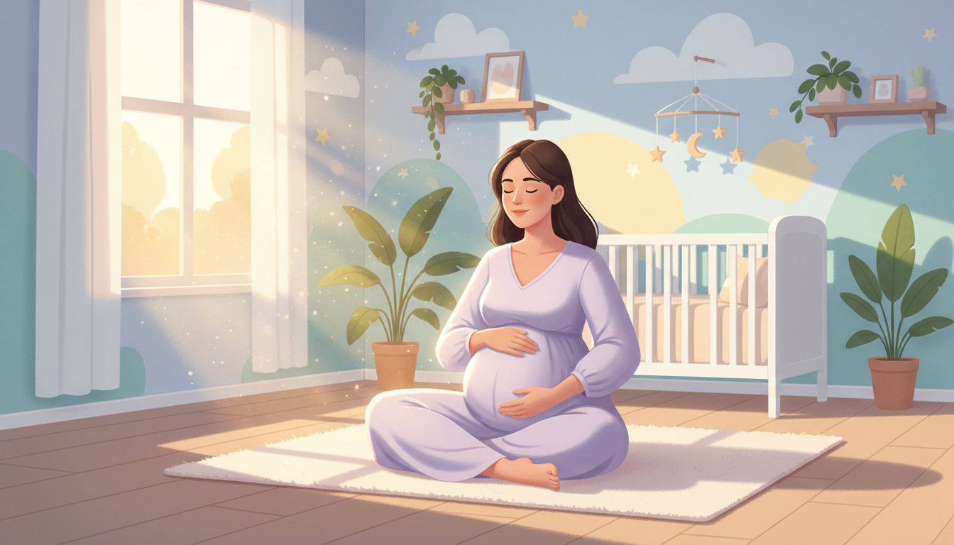 Pregnant woman practising calming breathing exercises in a nursery