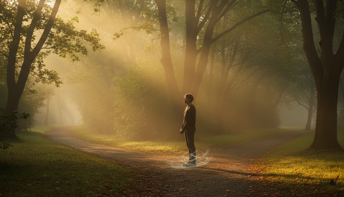 Person standing at a crossroads in a misty park, reflecting on how fear of failure affects life choices