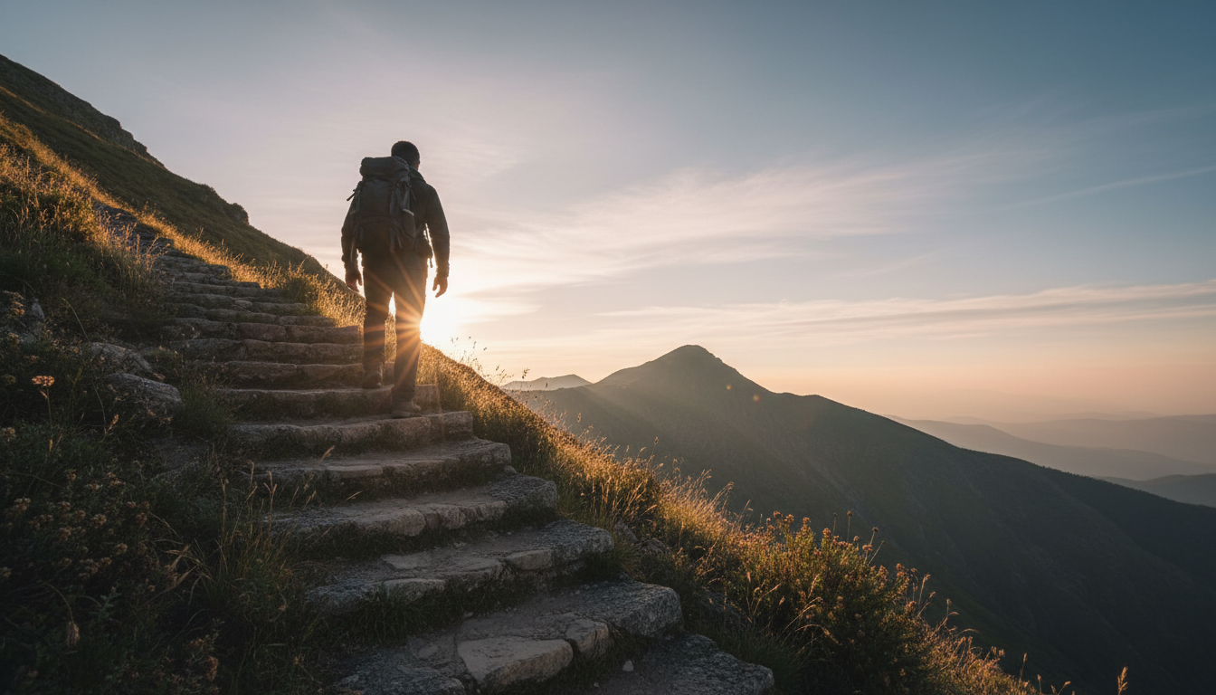 Person climbing stone steps in morning light symbolising overcoming fear of failure