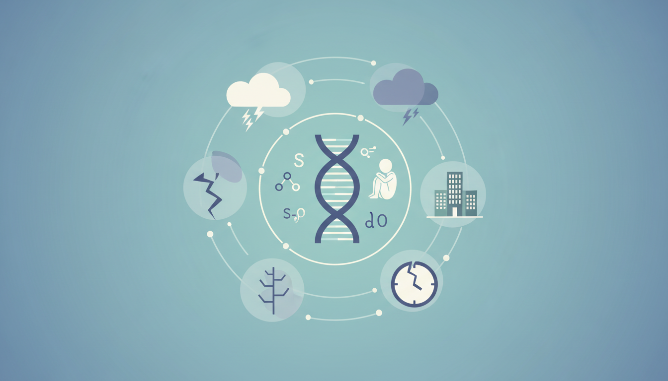 Illustration of interconnected factors that cause generalised anxiety disorder including genetics and environment