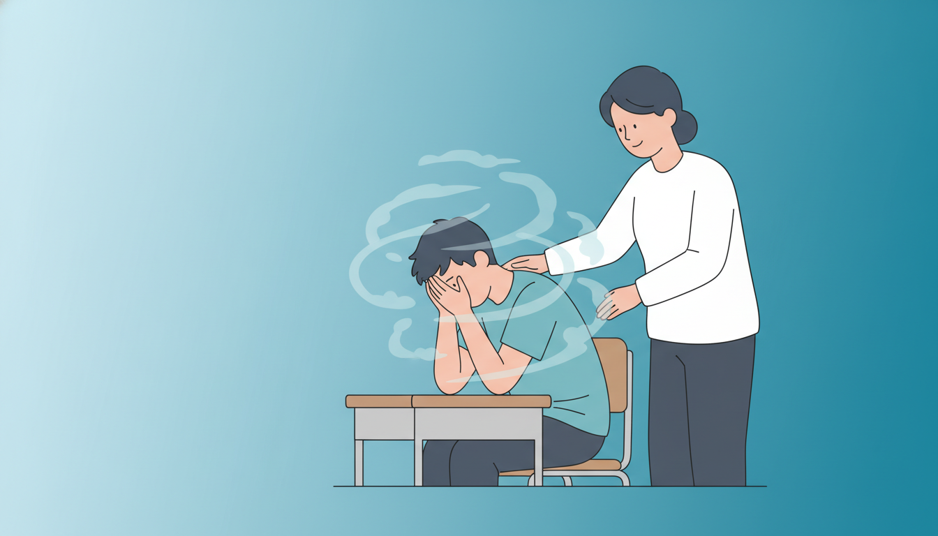 Illustration of a teenager experiencing anxiety at school with a supportive adult offering comfort