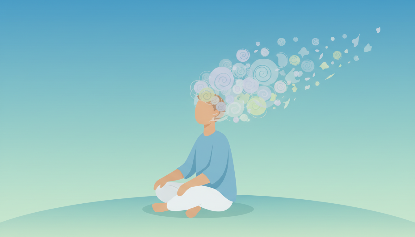 Illustration of a person sitting peacefully with dissolving thought bubbles representing generalised anxiety disorder