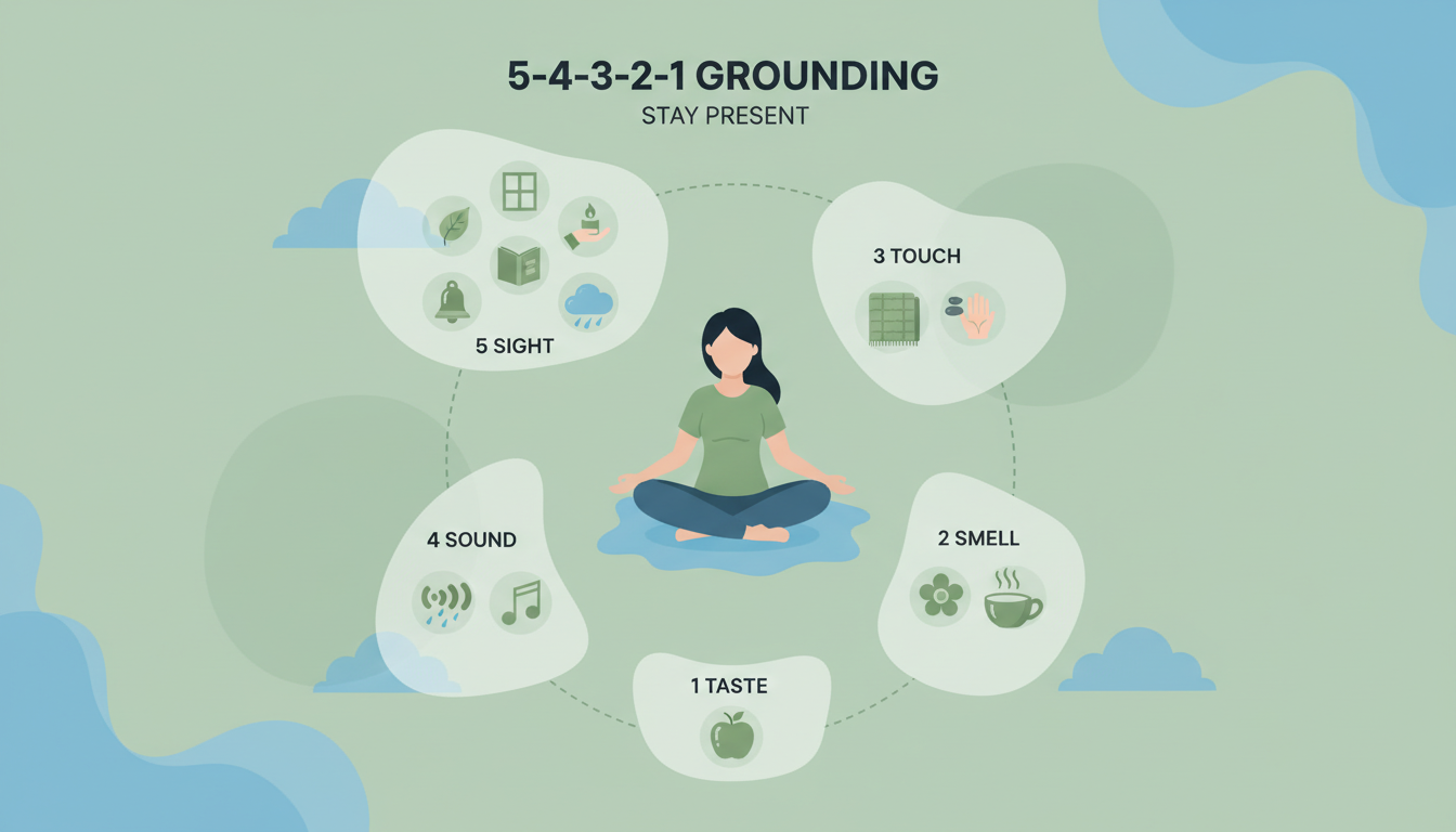 Illustration of the 5-4-3-2-1 grounding technique for anxiety showing all five senses