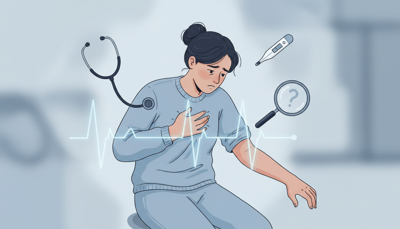 Person anxiously checking their body for symptoms surrounded by medical symbols representing health anxiety