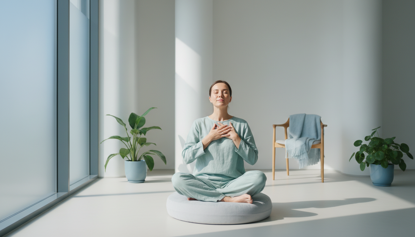 Person practising deep breathing to manage anxiety-related hot flashes