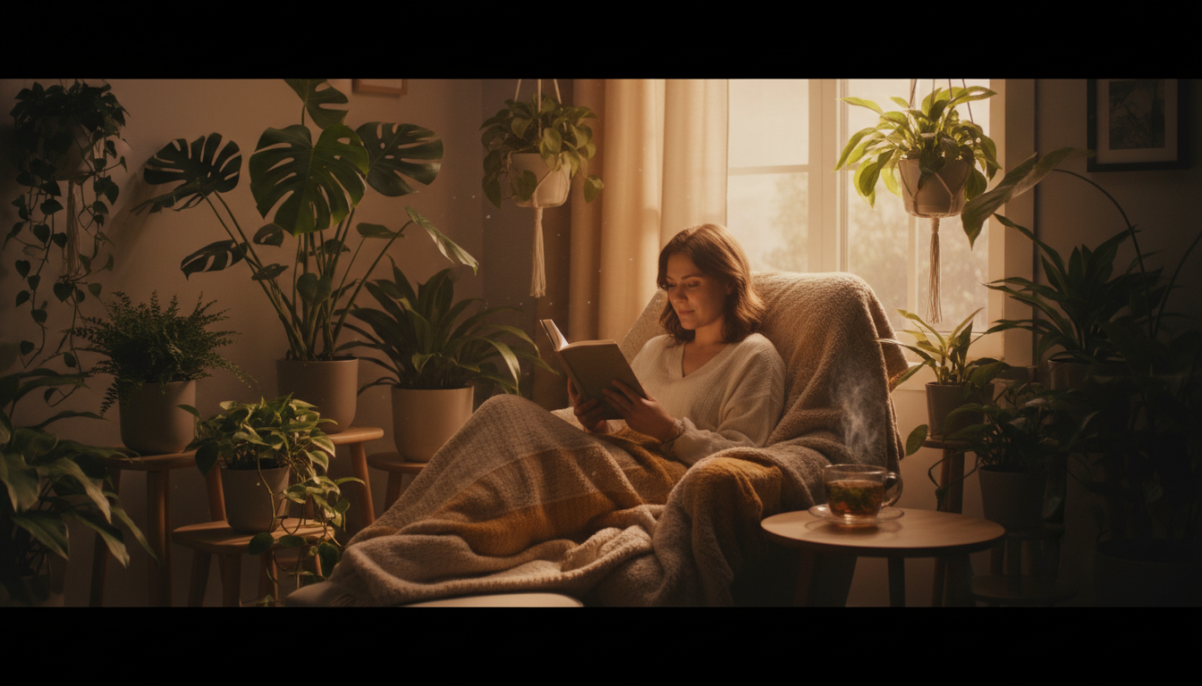 Person practising self-care by reading with a cup of tea surrounded by houseplants