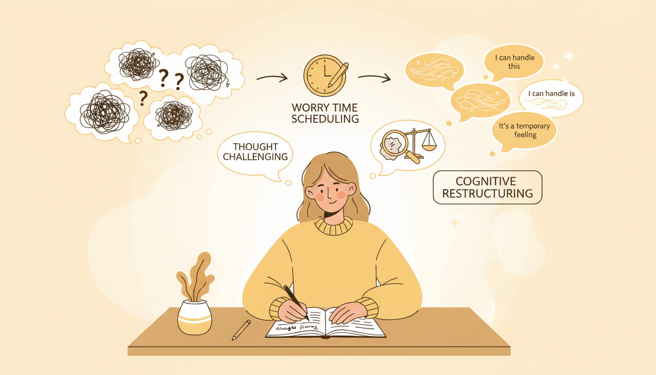 Cognitive techniques for managing anxiety including thought challenging, worry time scheduling and cognitive restructuring