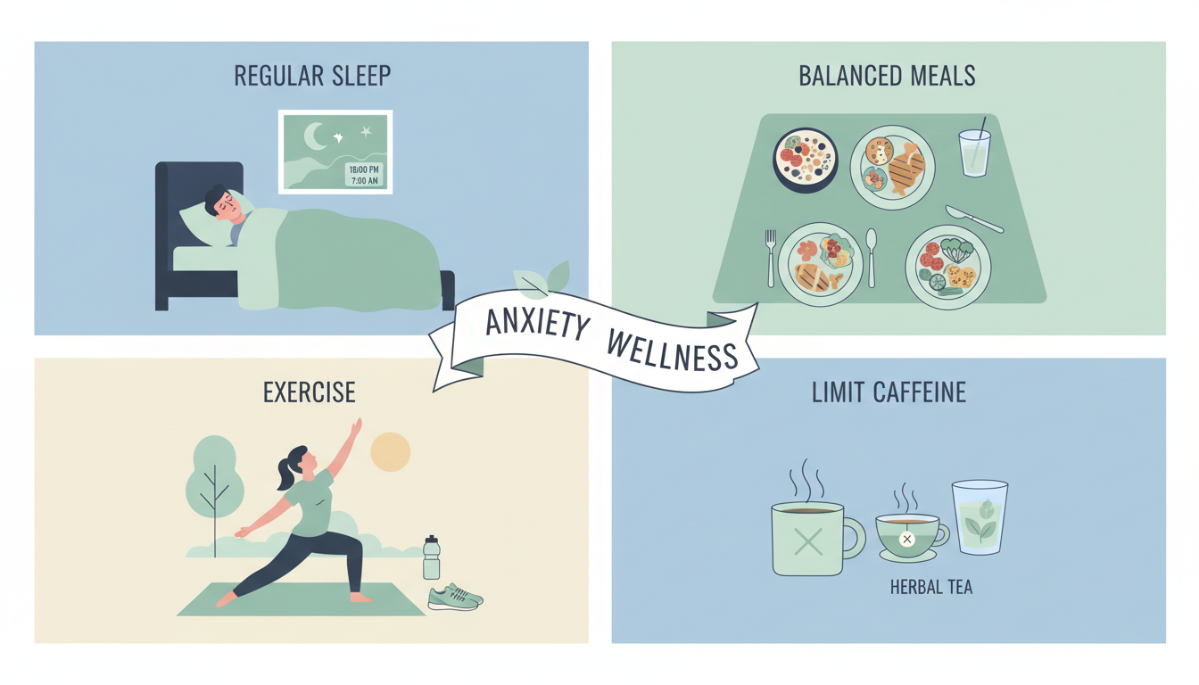 Daily habits for anxiety wellness including regular sleep, balanced meals, exercise and limiting caffeine
