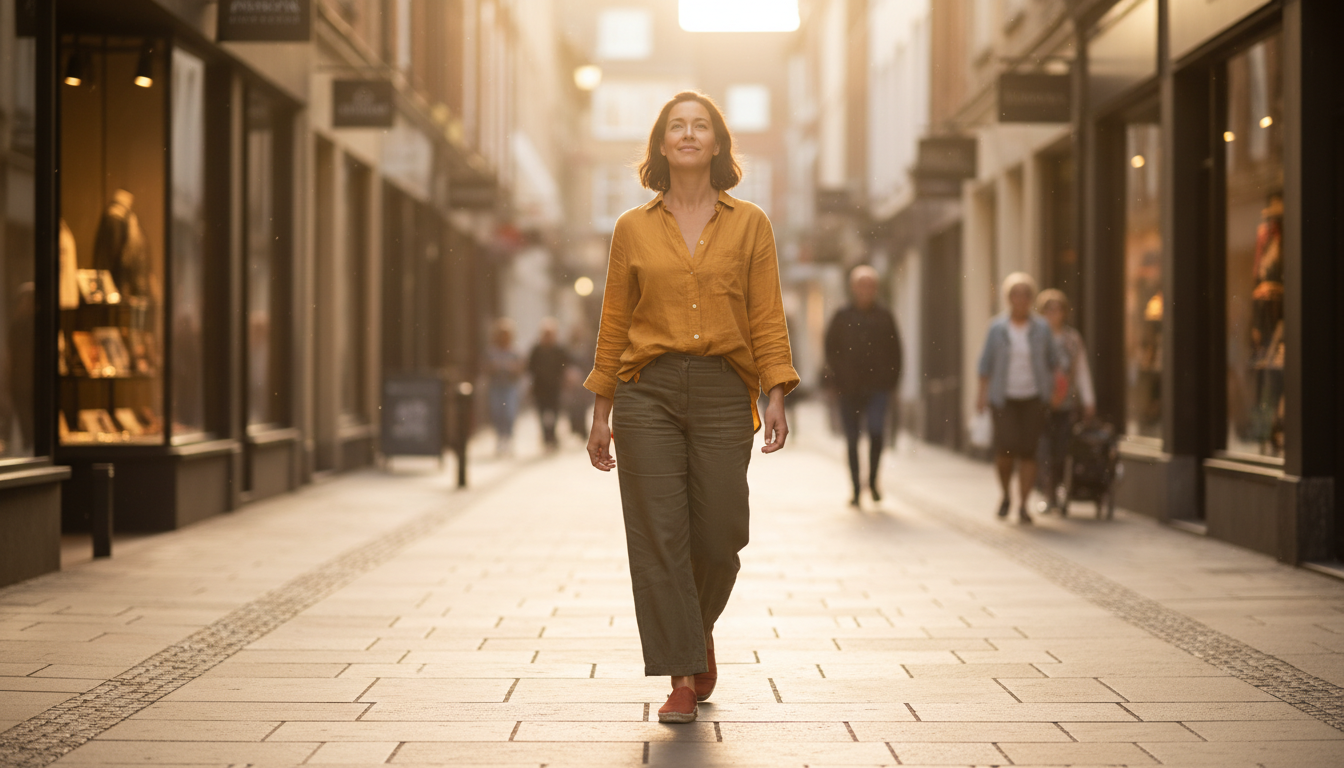 Person walking confidently through a sunlit shopping street after overcoming panic attack anxiety