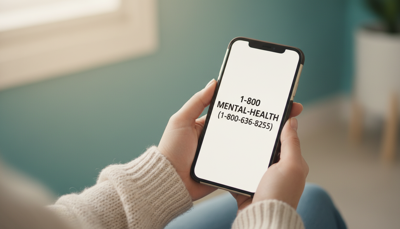 Person holding phone with crisis helpline number for mental health emergency support