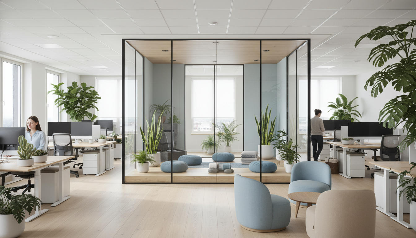 Modern office with dedicated mindfulness room for workplace mental health and wellbeing