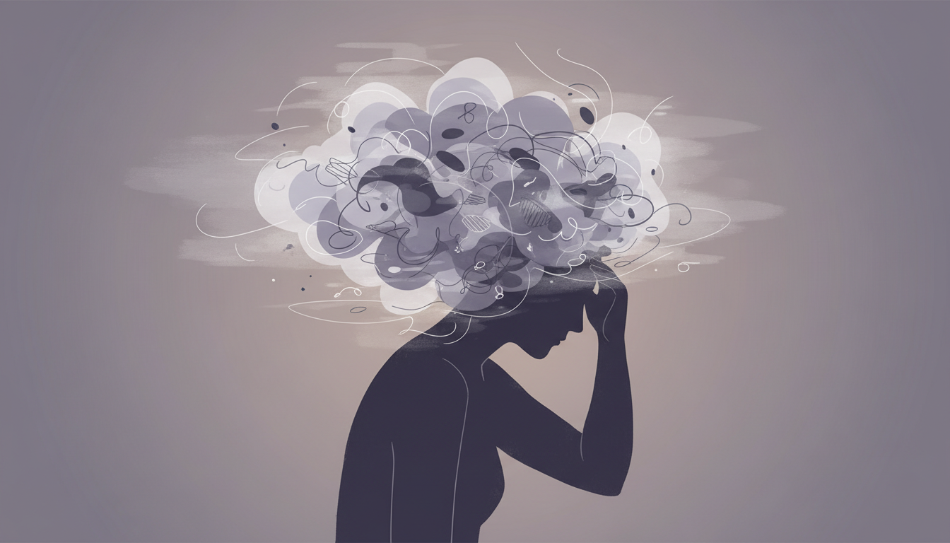 Abstract illustration of racing anxious thoughts swirling around a person