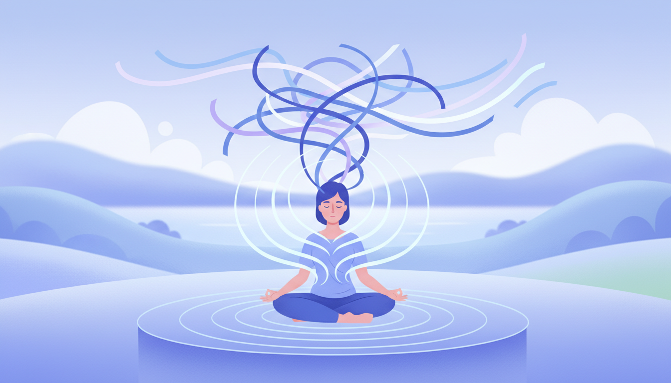 Person meditating with tangled thoughts above gradually becoming calm and orderly