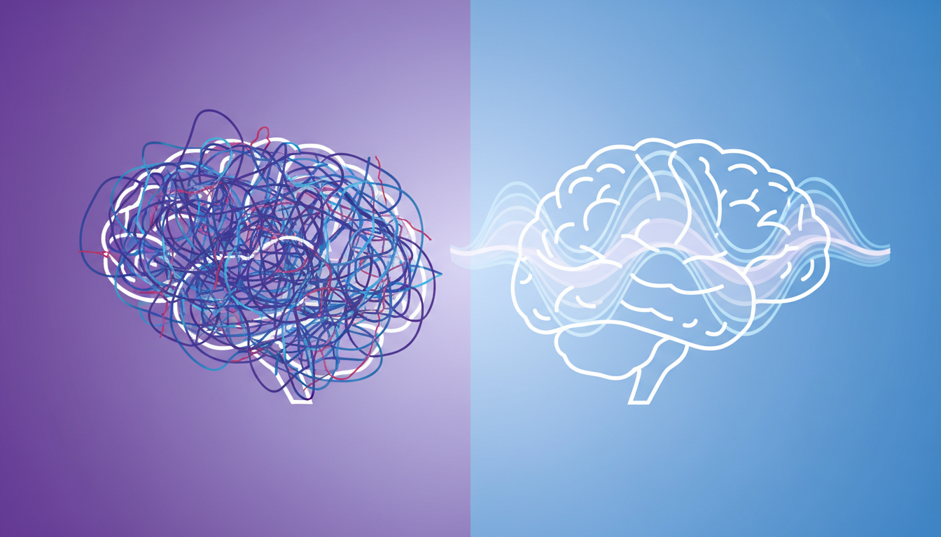Illustration comparing stressed and calm brain waves during mindfulness meditation