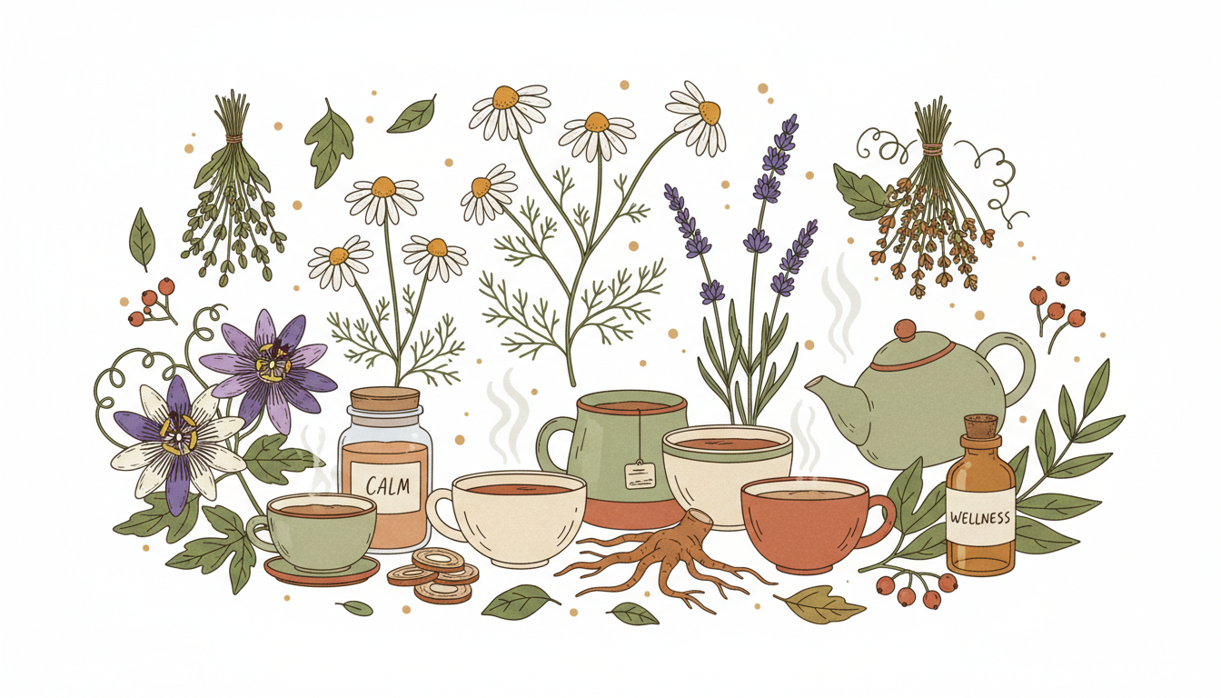 Herbal remedies for anxiety including chamomile, lavender, valerian root and passionflower