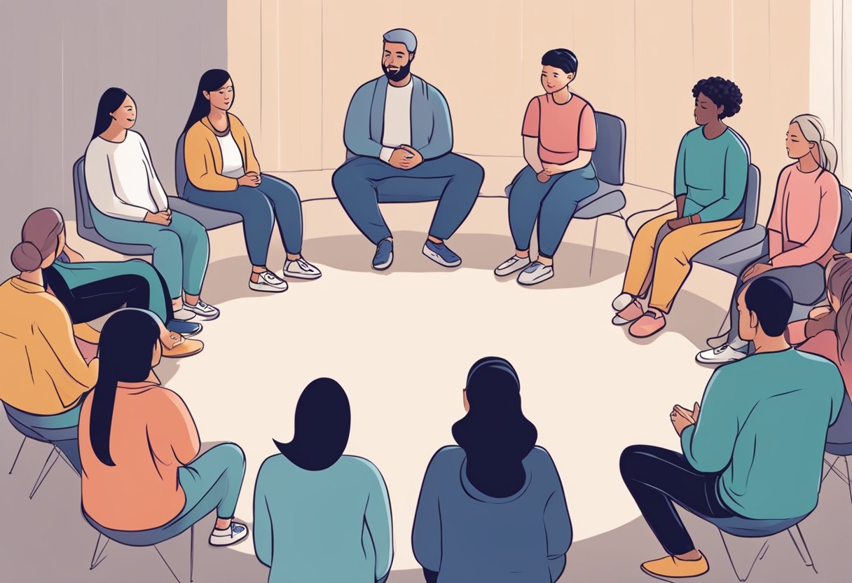 A person sitting in a circle of supportive individuals, engaging in group therapy activities to manage their anxiety