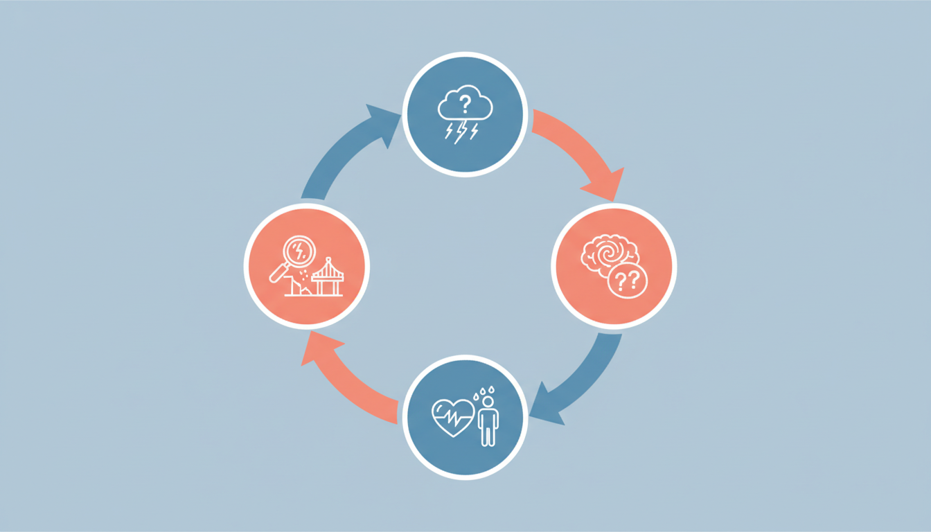 Circular diagram showing the panic cycle from trigger to anxious thoughts to physical symptoms to catastrophic interpretation