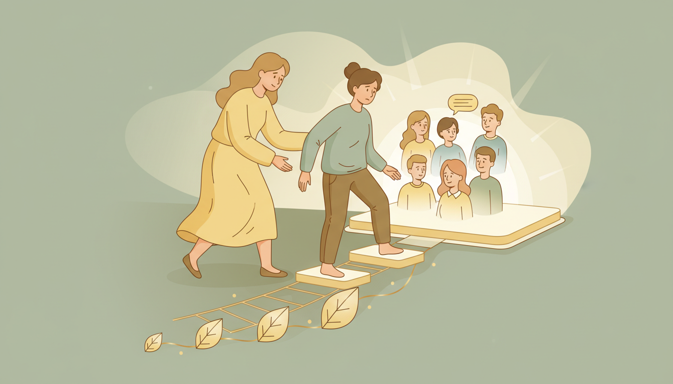 Person taking a brave step into a social situation with therapist support representing exposure therapy for social anxiety
