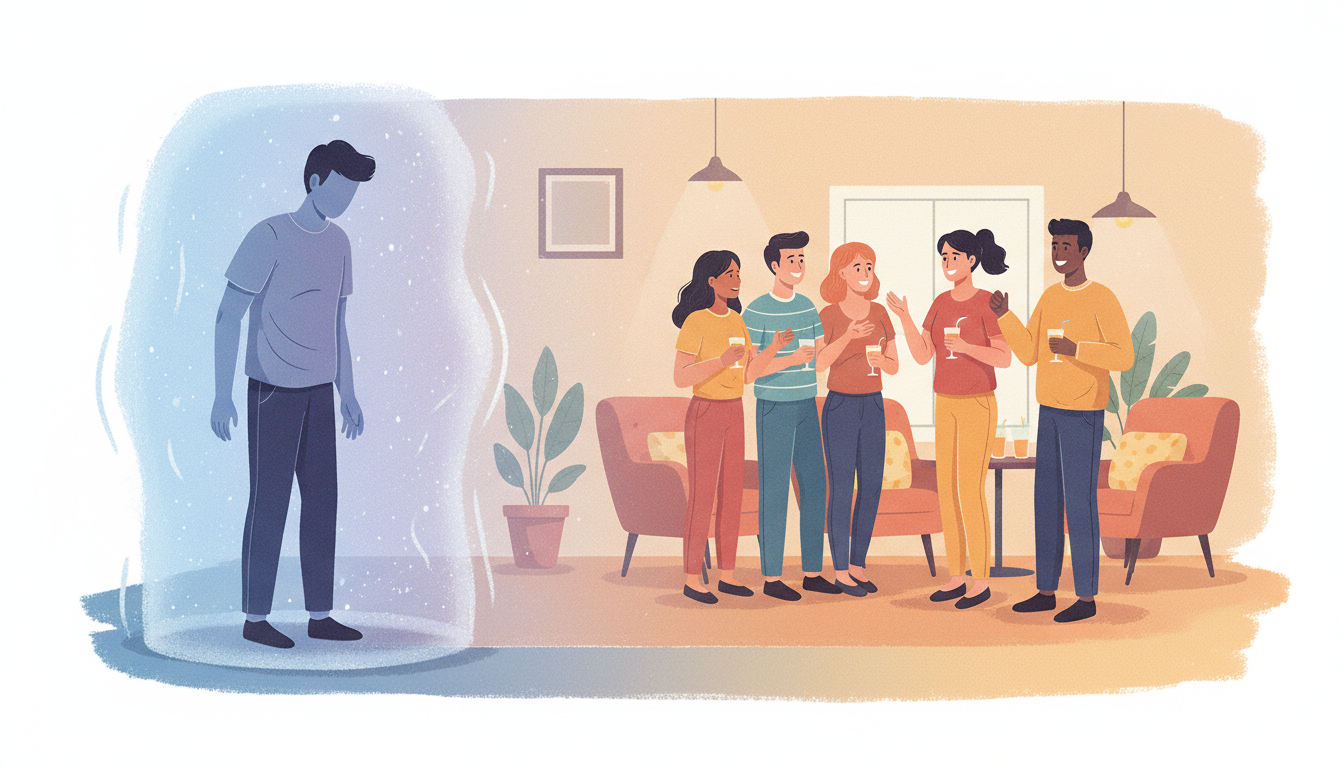 Person feeling isolated at the edge of a social gathering illustrating social anxiety